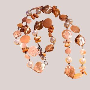 Orange & Pearl Shell Bead Layered Necklace so Unique so Hawaiian Retro